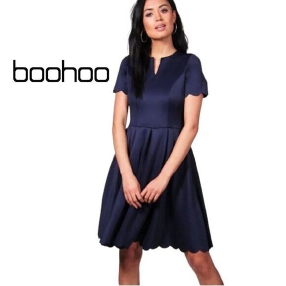 Boohoo Women's V Cut Neck Scalloped Hem Fit And Flare Dress - Picture 1 of 6